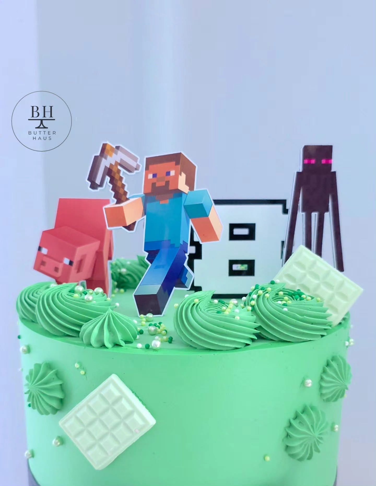 Full front view of Minecraft Adventure birthday cake