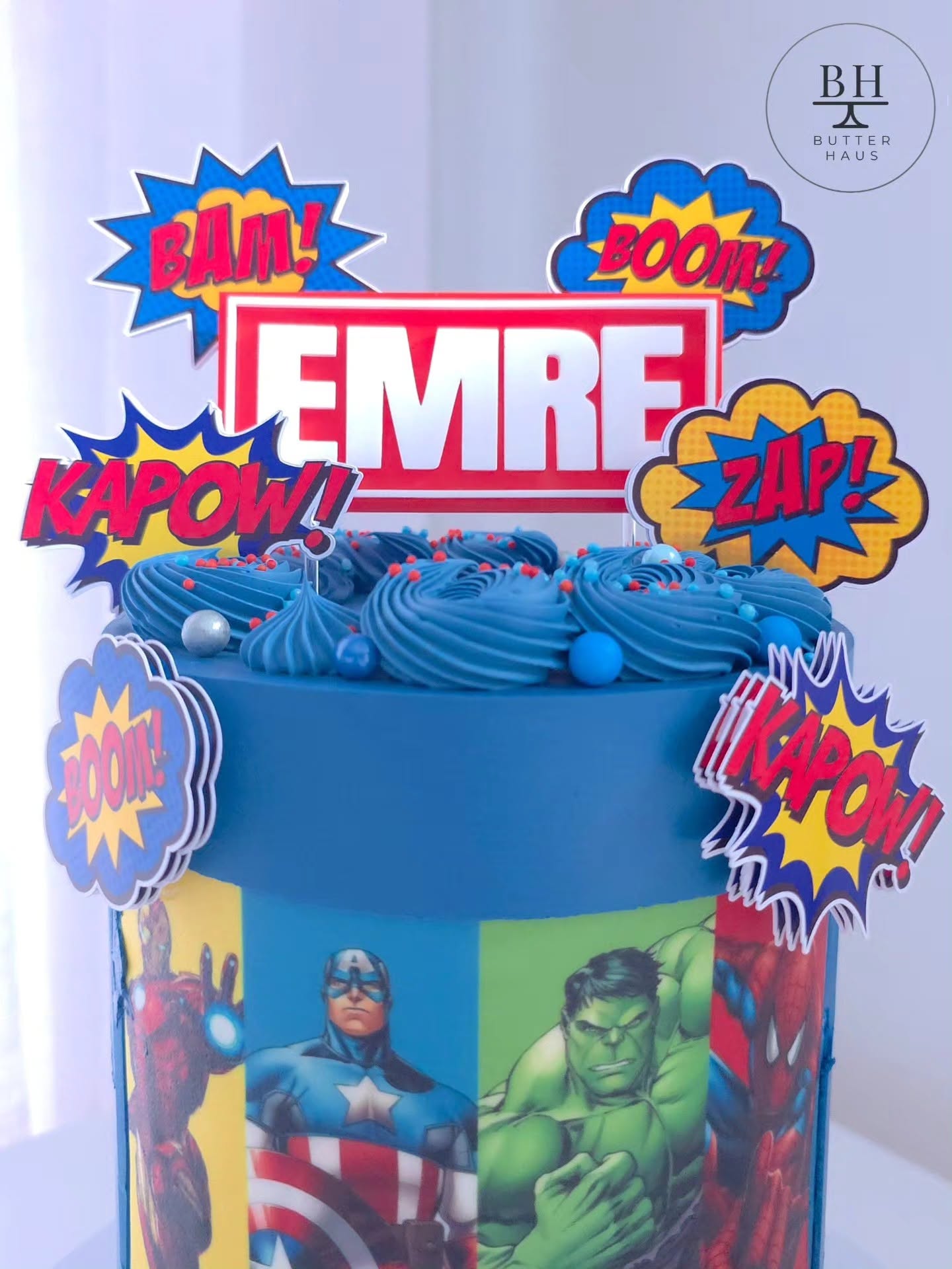 Avengers birthday cake gold logo plaque with custom name and age topper and superhero cardstock images