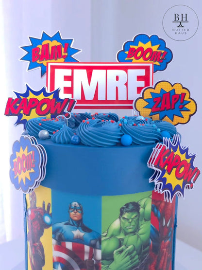 Avengers birthday cake gold logo plaque with custom name and age topper and superhero cardstock images