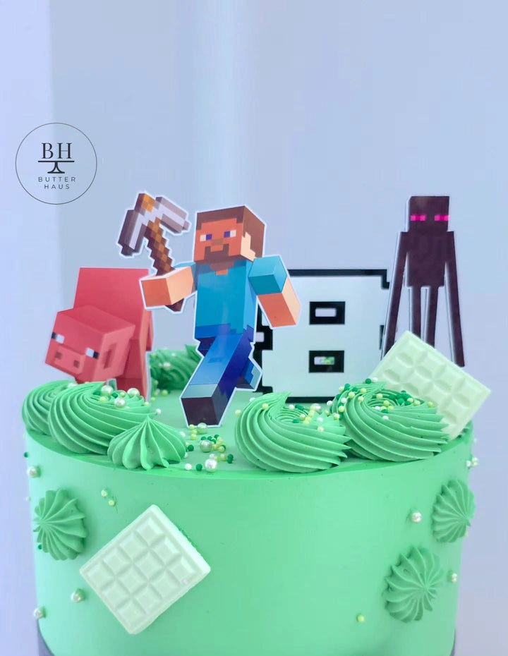 Full front view of Minecraft Adventure birthday cake
