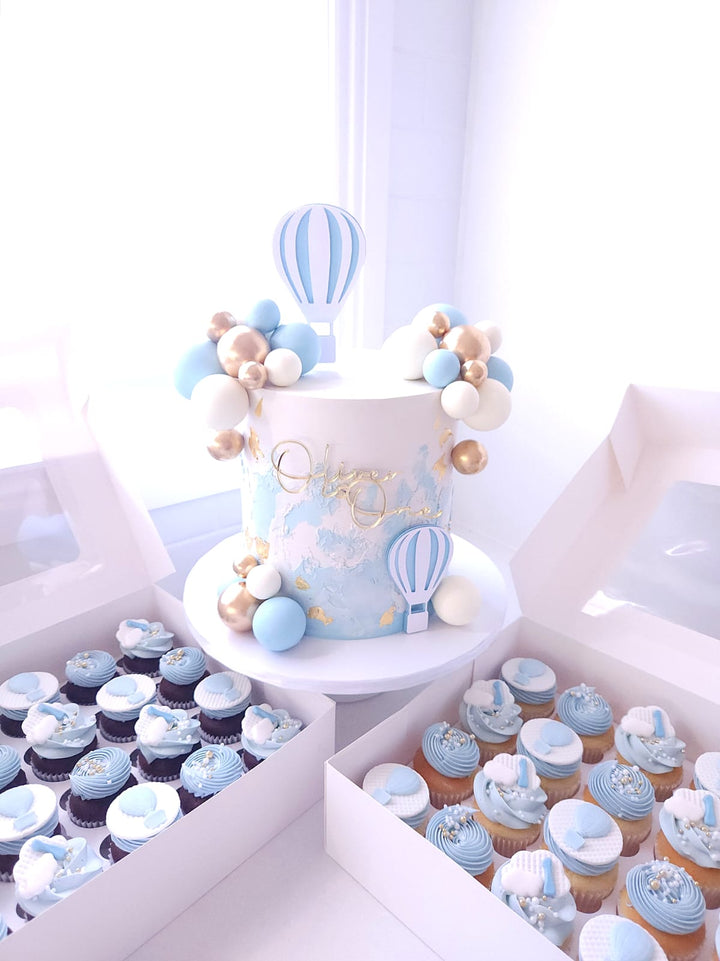 Full front view of Up, Up &amp; Away birthday cake