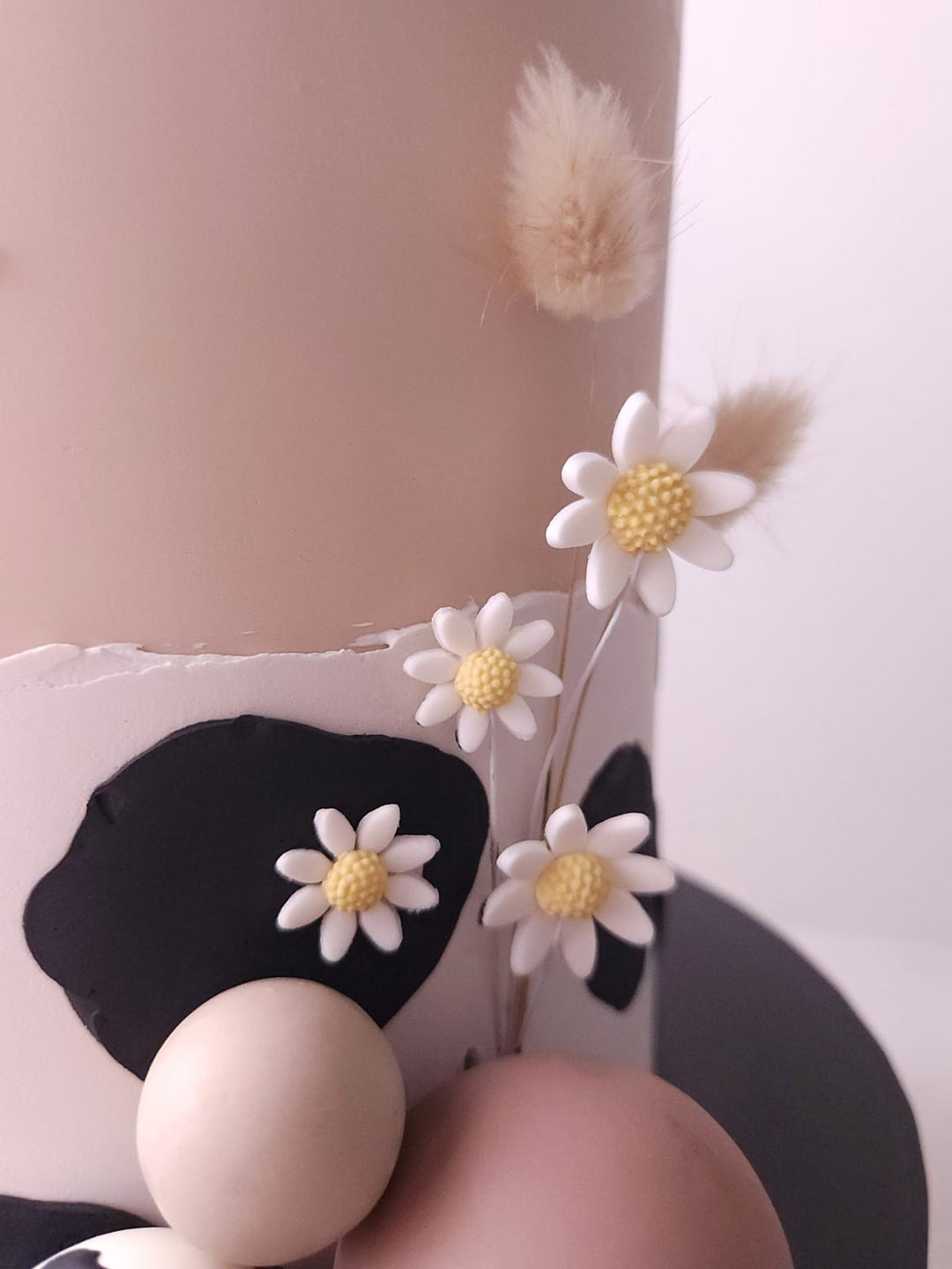 Side view of Little Rodeo birthday cake with dried florals