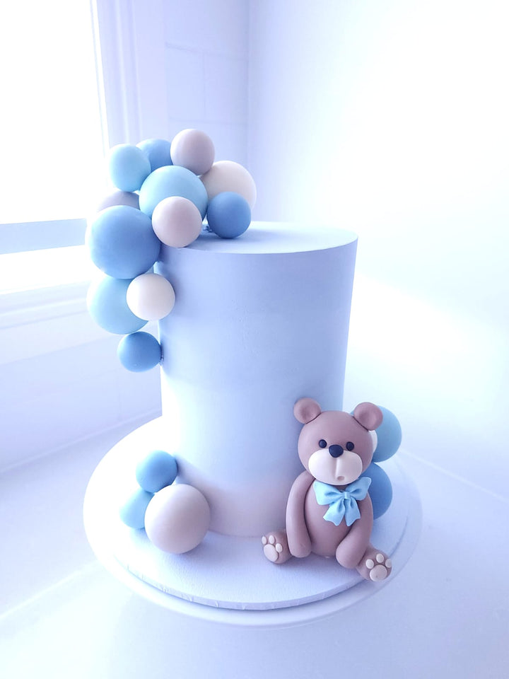 Hello Baby Bear cake with ombre buttercream, balloon baubles and handmade fondant teddy bear