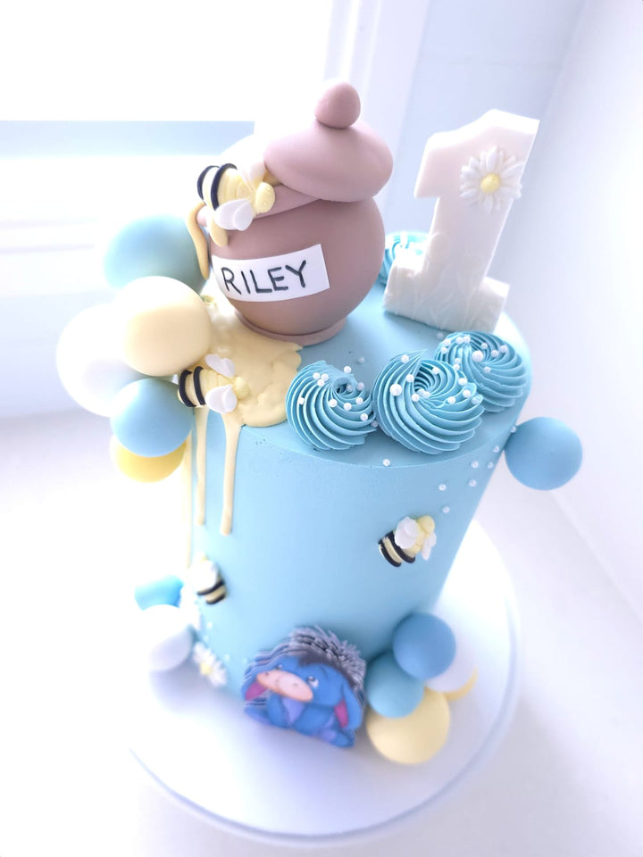 Side view of Sweet As Can Bee birthday cake