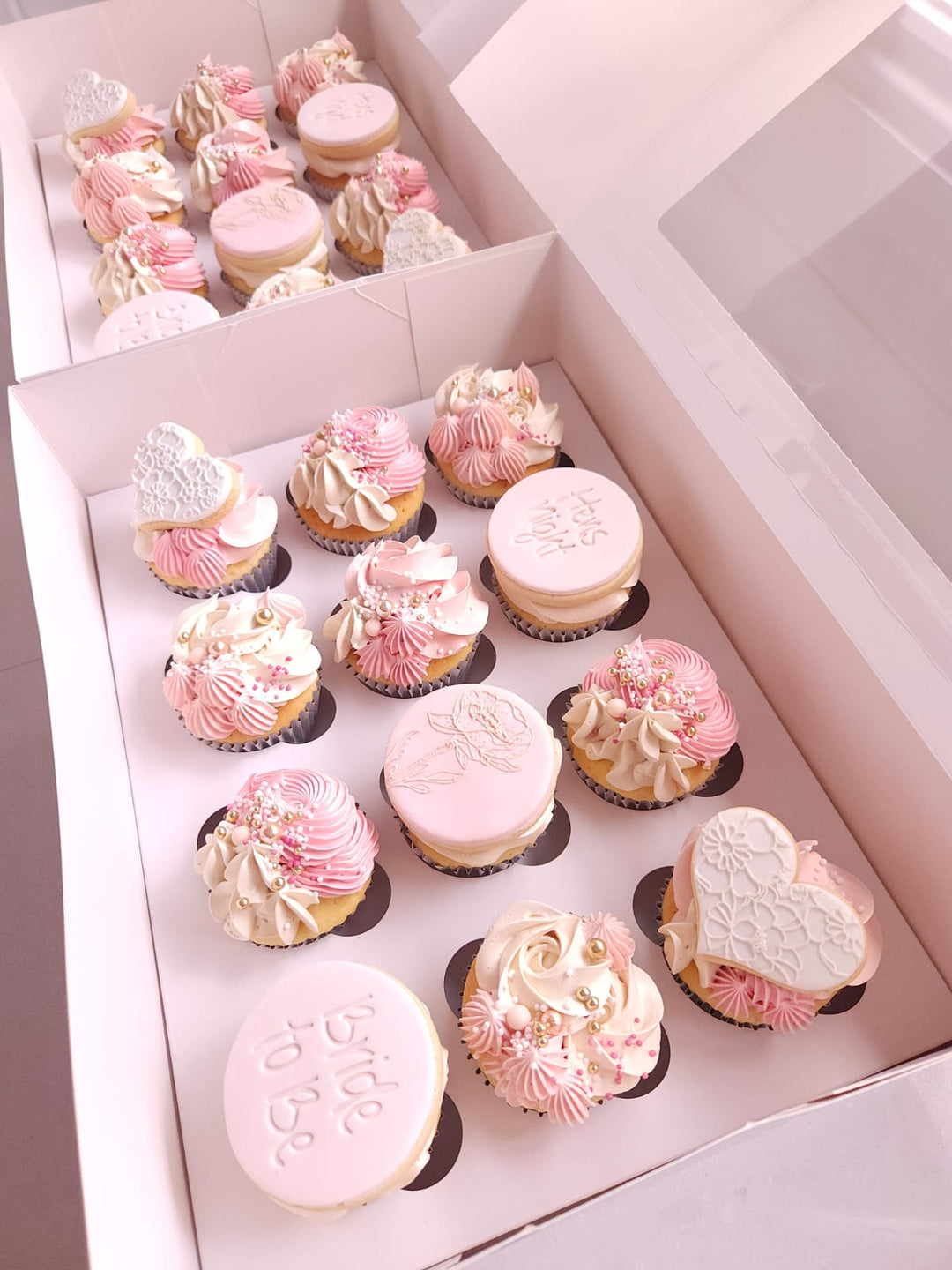 Bride To Be blush pink cupcakes with textured buttercream piping and elegant decorative details
