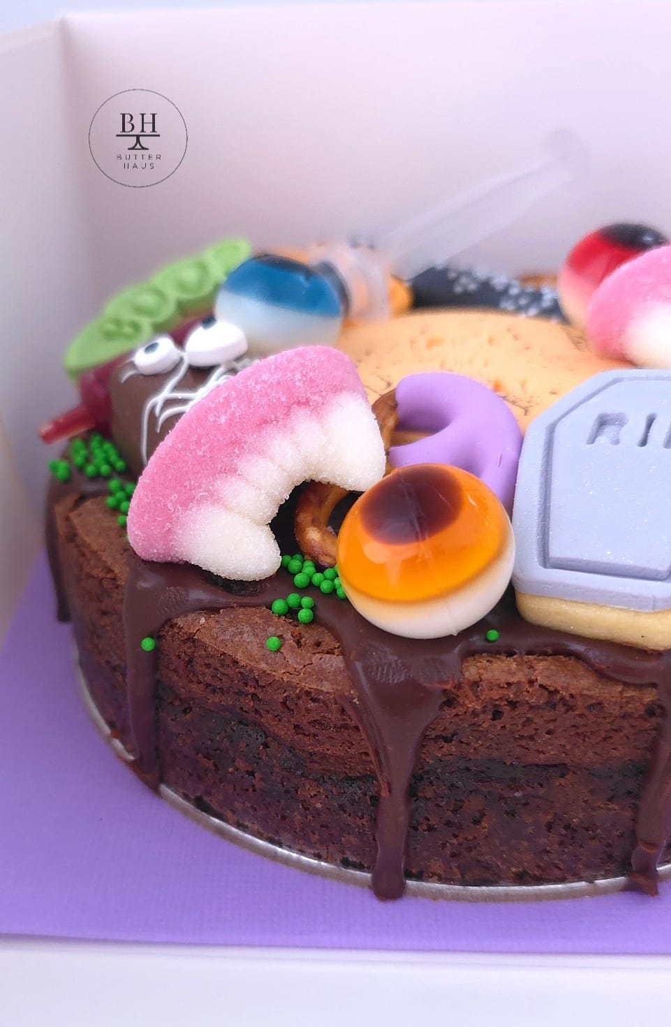 Boxed Halloween brownie from Butter Haus Rockbank, ready to share