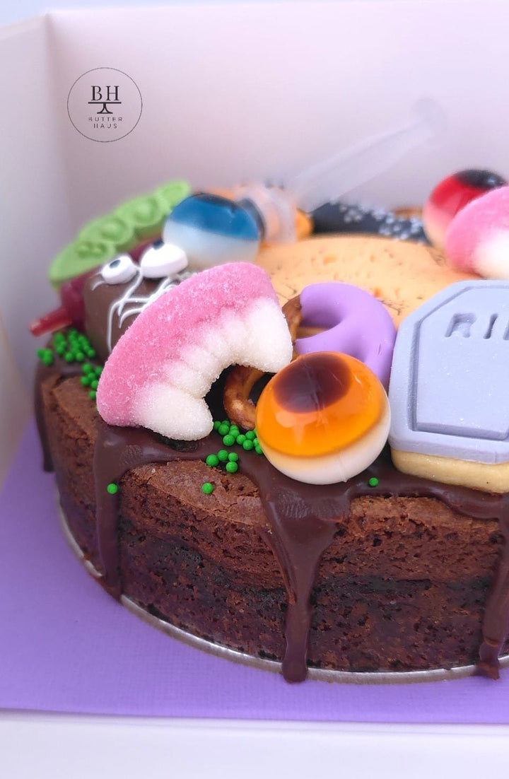 Boxed Halloween brownie from Butter Haus Rockbank, ready to share
